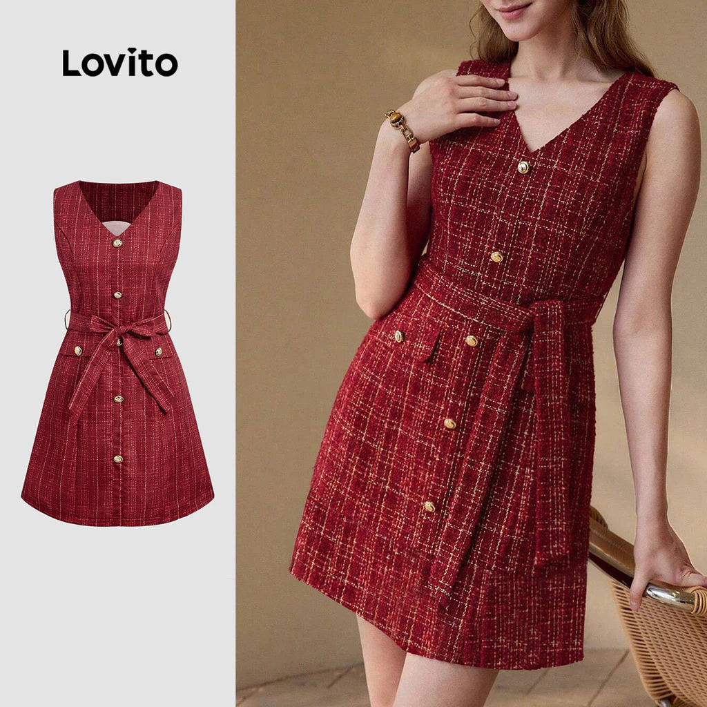 (NEW) Lovito Elegant Dress Belted Spring/summer Red Dress for Women LBL29340
