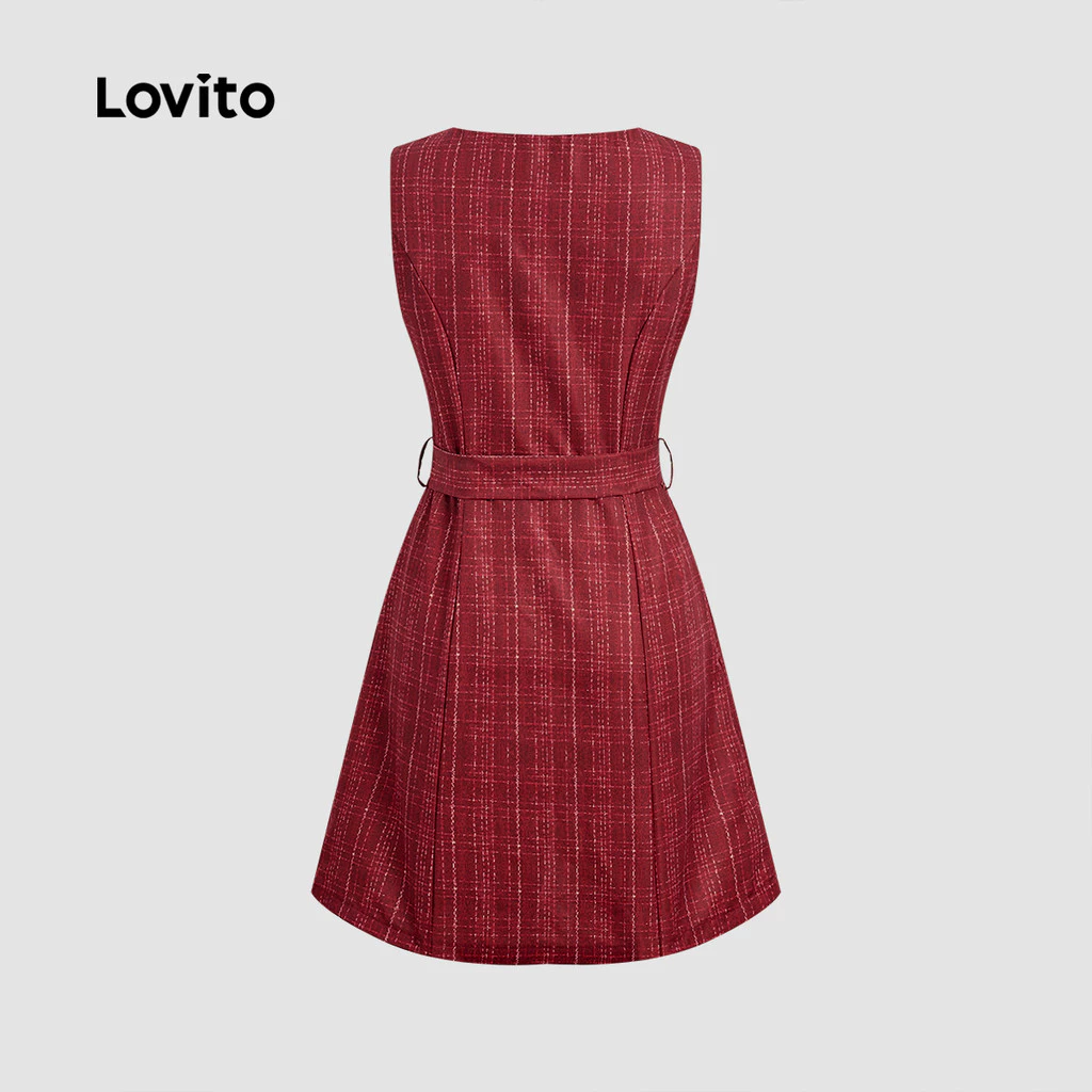 (NEW) Lovito Elegant Dress Belted Spring/summer Red Dress for Women LBL29340