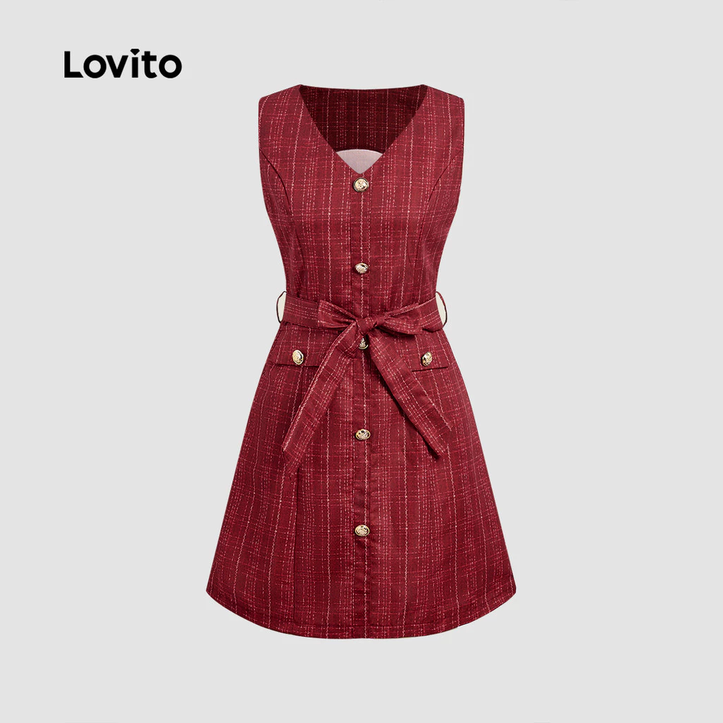 (NEW) Lovito Elegant Dress Belted Spring/summer Red Dress for Women LBL29340