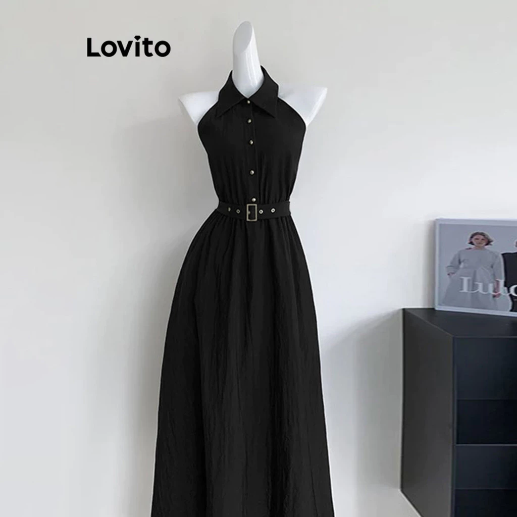 Lovito Elegant Dress Plain Belted Dress for Women L100MD424