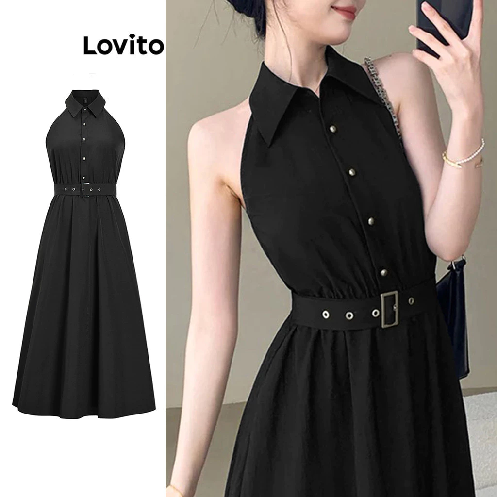 Lovito Elegant Dress Plain Belted Dress for Women L100MD424