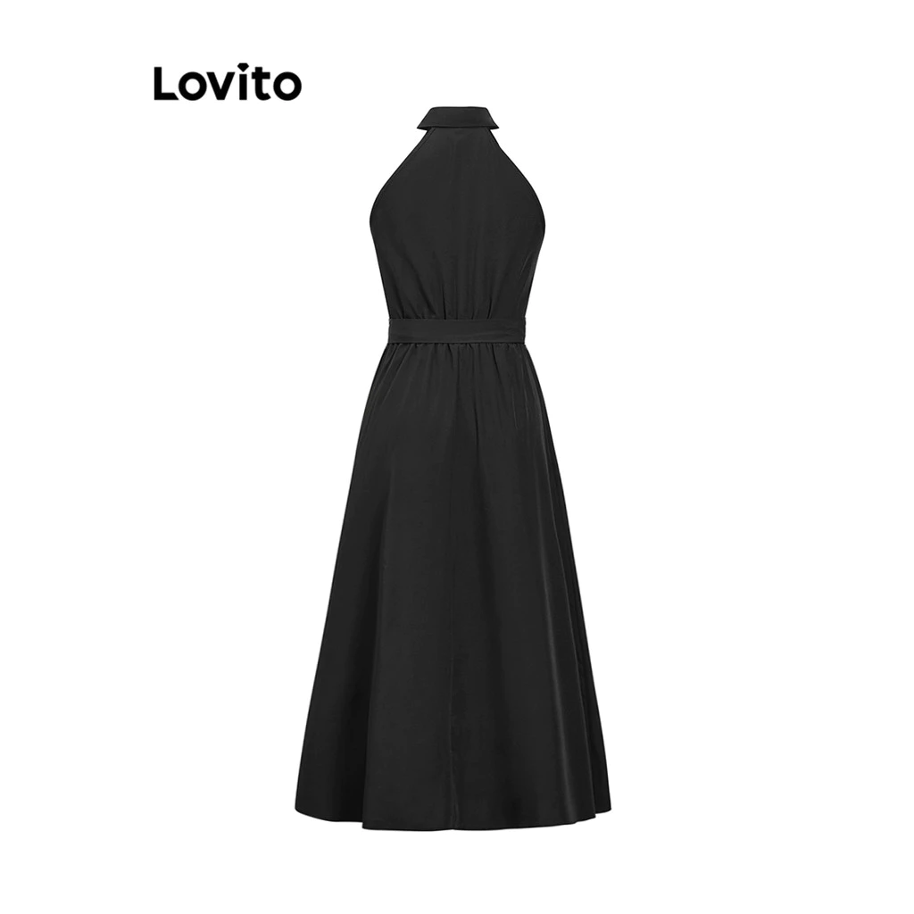 Lovito Elegant Dress Plain Belted Dress for Women L100MD424
