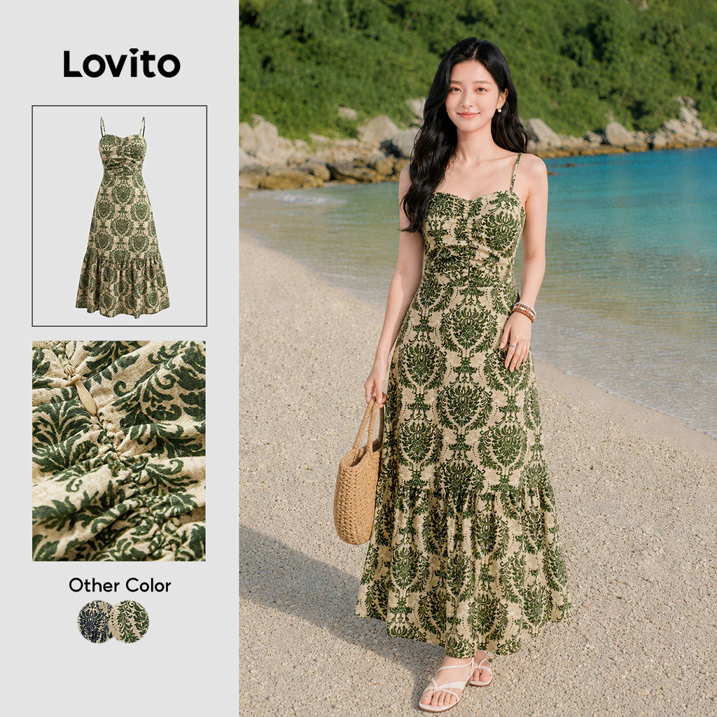 Lovito Vacation Summer Dress Paisley Ruffle Hem Ruched Dress for Women L109MD122