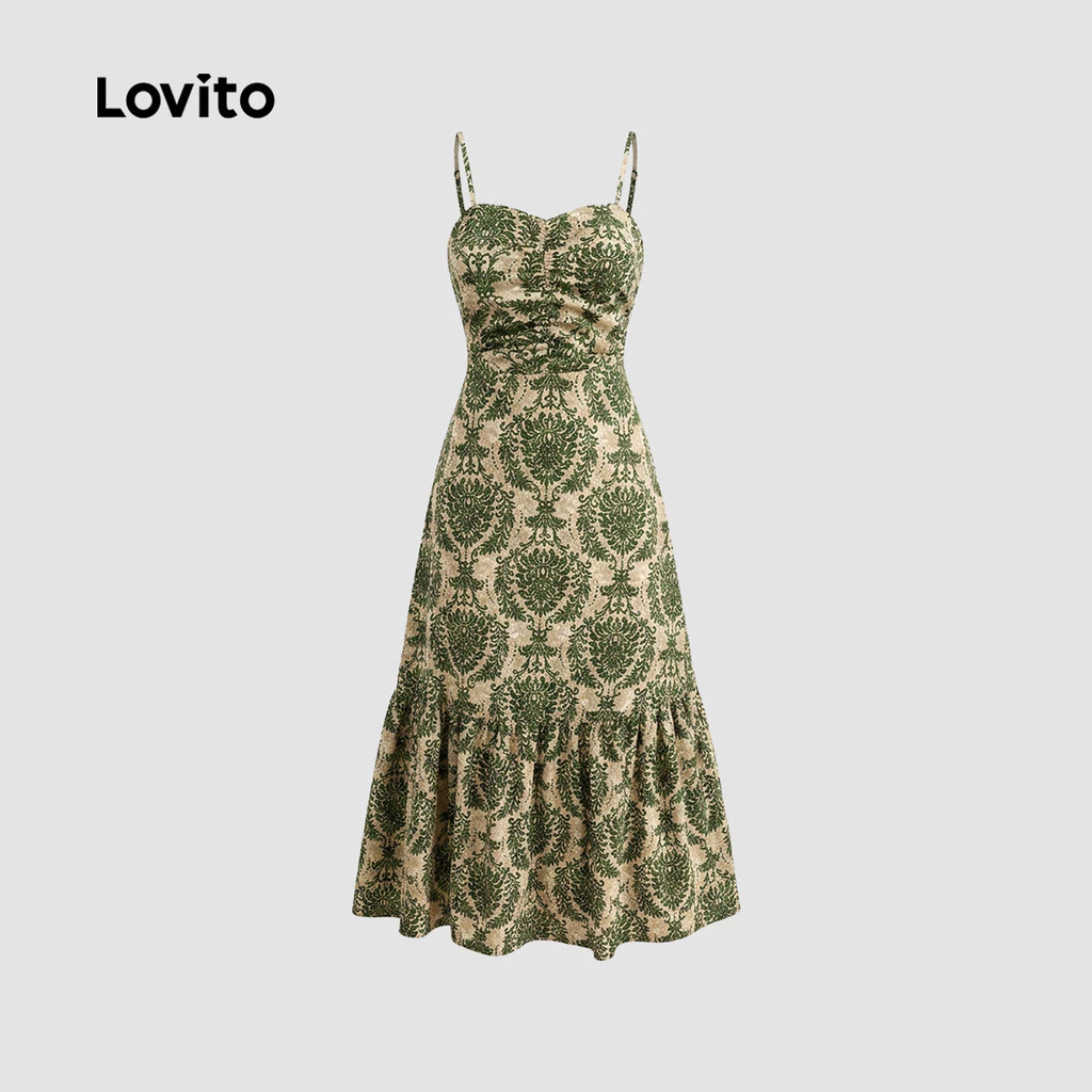 Lovito Vacation Summer Dress Paisley Ruffle Hem Ruched Dress for Women L109MD122