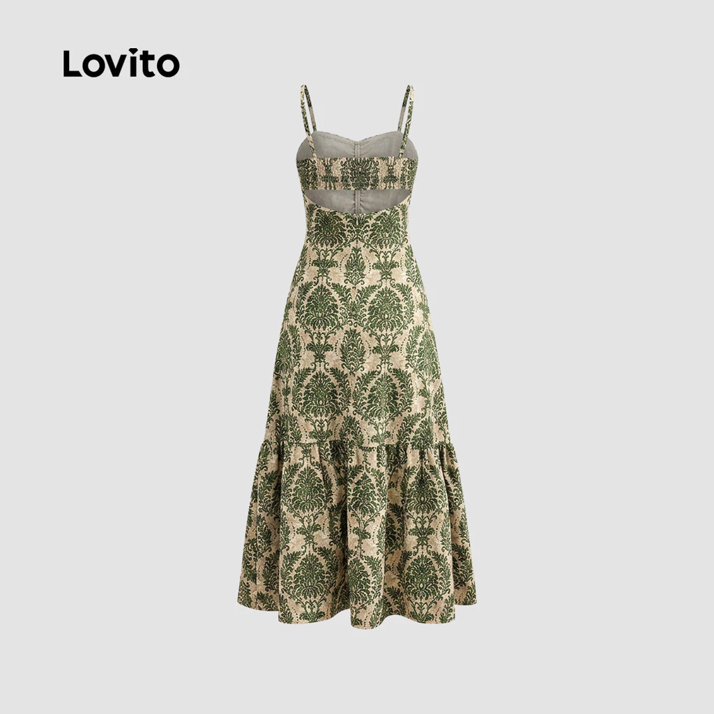 Lovito Vacation Summer Dress Paisley Ruffle Hem Ruched Dress for Women L109MD122