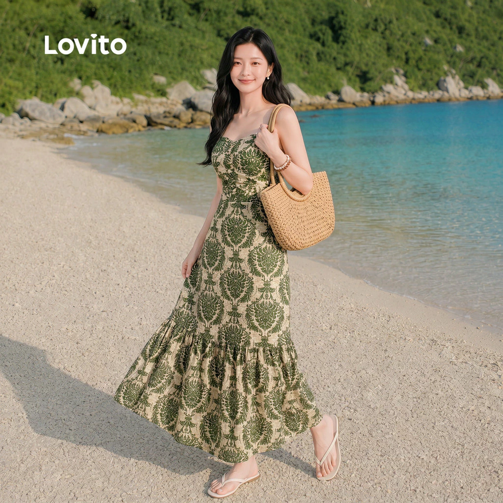 Lovito Vacation Summer Dress Paisley Ruffle Hem Ruched Dress for Women L109MD122