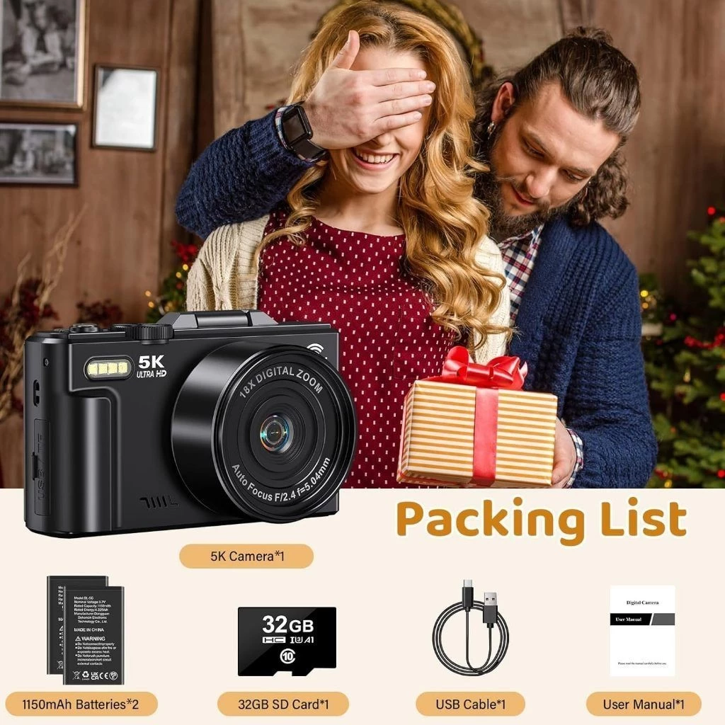 5K Digital Camera 75MP CCD Camera 18X Digital Zoom 180° Flip Screen HD Video Vlogging Camera Portable For Trave