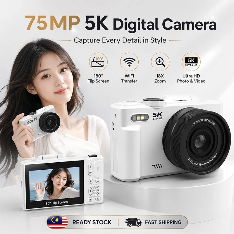 5K Digital Camera 75MP CCD Camera 18X Digital Zoom 180° Flip Screen HD Video Vlogging Camera Portable For Trave