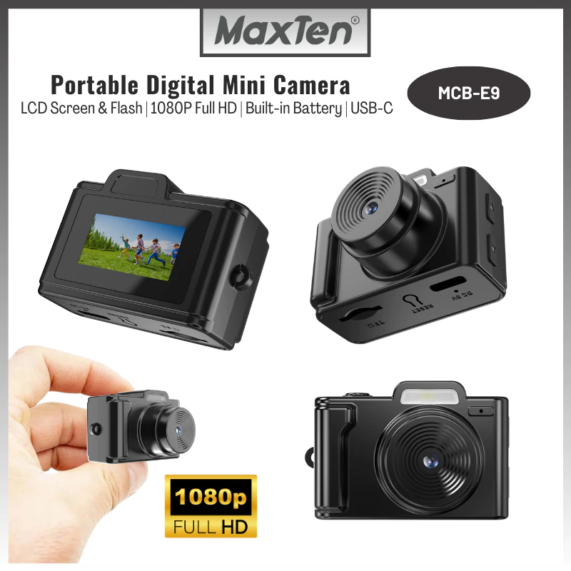 MaxTen MCB-E9 Portable Digital Mini Compact IP Camera with Built in Battery | Type-C | Kids Camera | Support:128GB